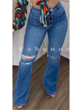 . Cabanna Fashion High Waist Ripped Medium Wash Flare Jeans